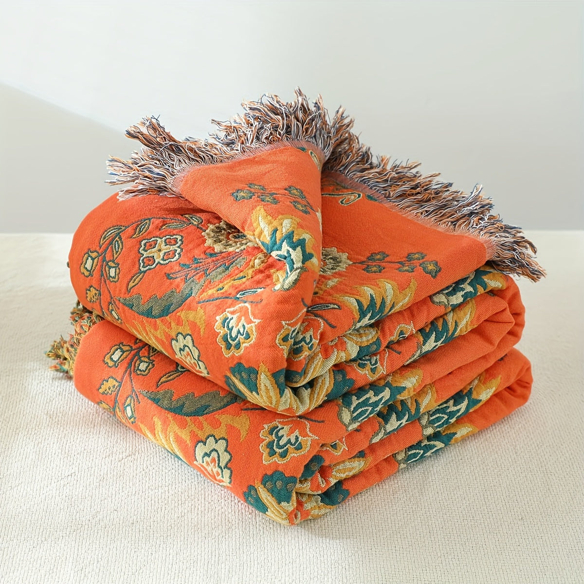 Blumen-Baumwolldecke mit Quasten und Vintage-Muster
