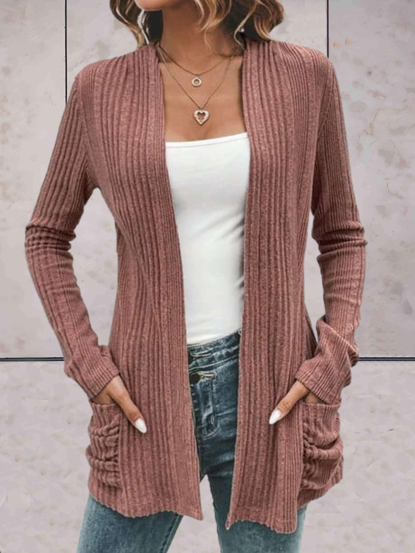 Sheylo – Einfarbiger Strick-Cardigan mit offener Front und Taschen