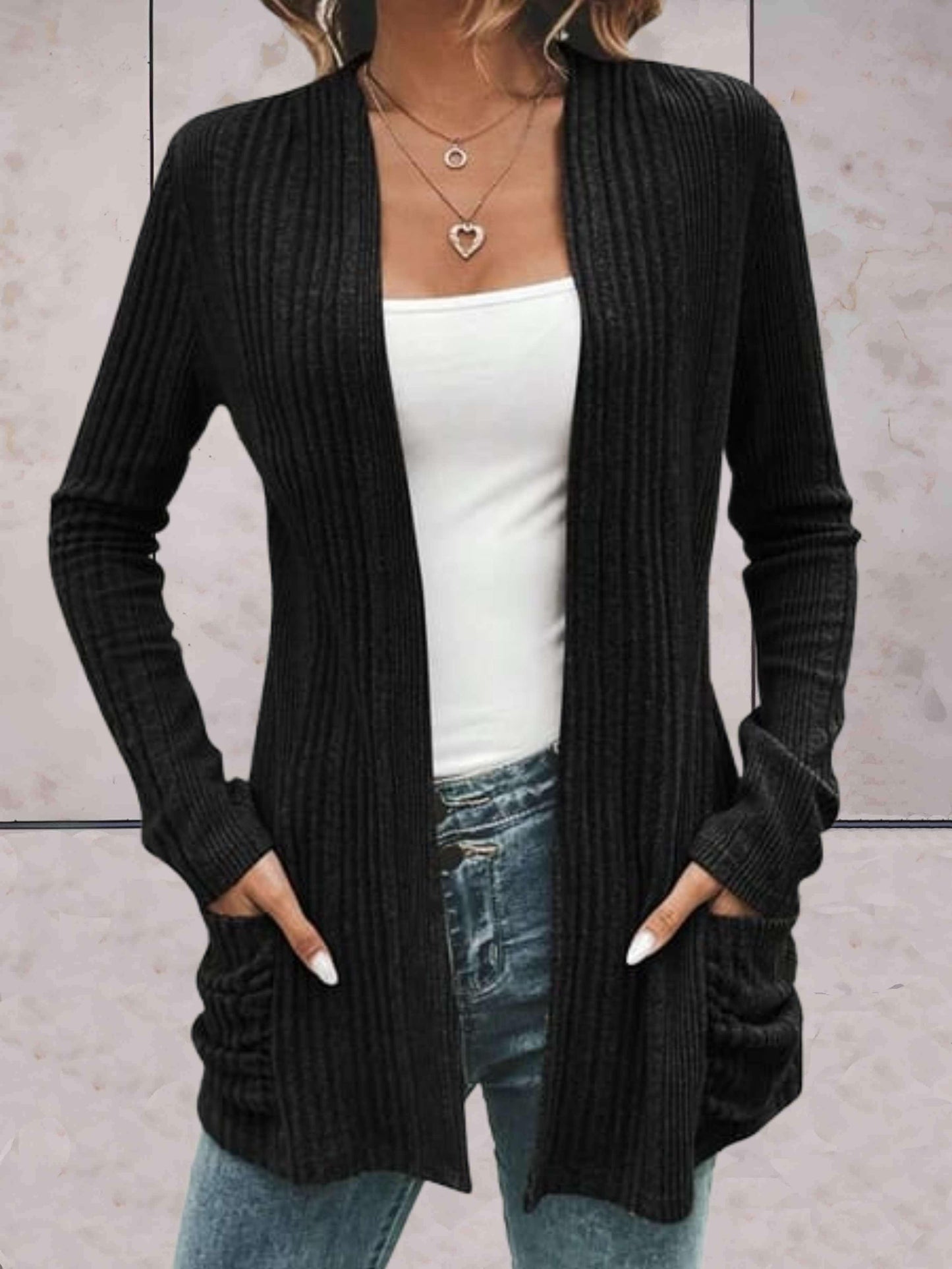 Sheylo – Einfarbiger Strick-Cardigan mit offener Front und Taschen