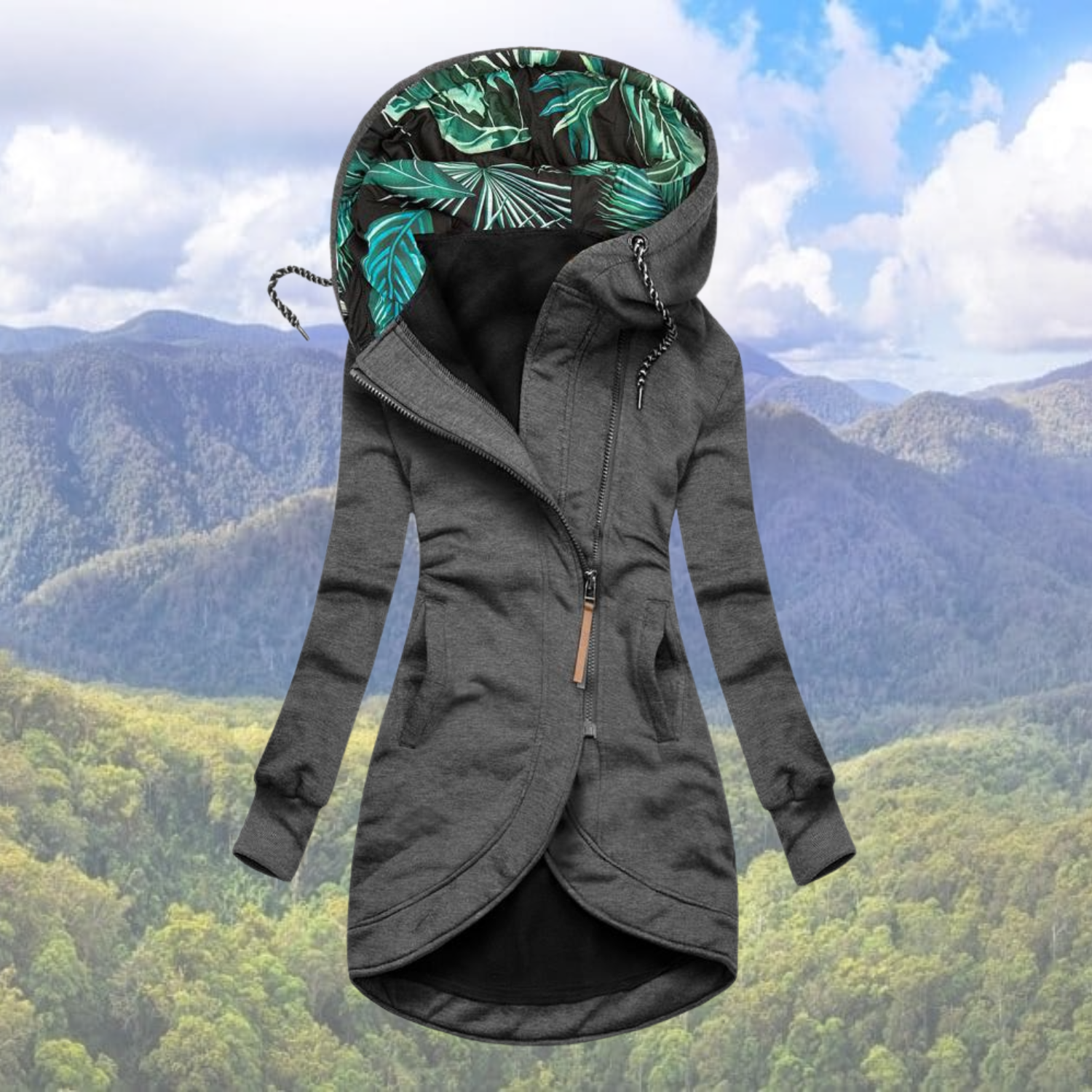 Adilia – Warm Winter Coat with Unique Leaf Pattern Hood for Grace and Comfort